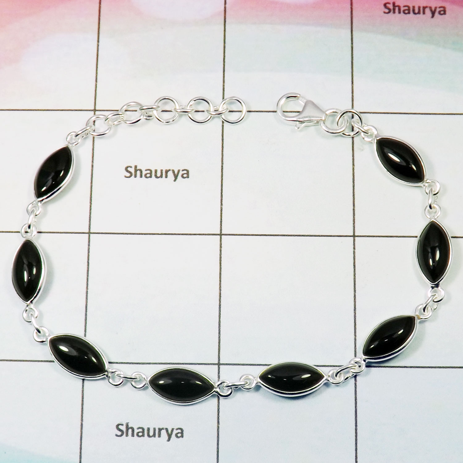 Black Onyx Cab Bracelet E - BSB975- AJL3 Cab Black Onyx 925 Sterling Silver Bezel Wholesale Bracelet